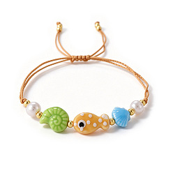 Orange Bracelets d'été pour femmes, en porcelaine faite main, en forme de coquillage de poisson, avec perles tressées en plastique et perles de mer., orange, 11.81 pouce (30 cm)