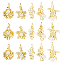 Mixed Shapes 15 шт 3 стили латунные подвески, океанские темы, с искусственным жемчугом, долговечный, без кадмия и без свинца, стойки покрытие, реальный 18 k позолоченный, с целью перехода в кольце, разнообразные, 13.5~16x6.5~13x4.5~5.5 мм, отверстие : 3.5 мм, 3 шт / стиль