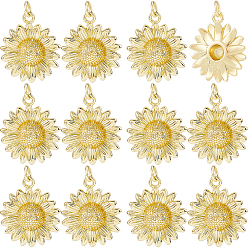 Настоящее золото 18K 12 латунные подвески шт., подсолнечник, с целью перехода в кольце, реальный 18 k позолоченный, 21x18x5 мм, отверстие : 3.5 мм
