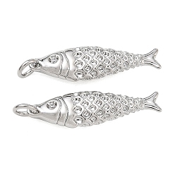 Platinum Brass Micro Pave Clear Cubic Zirconia Pendants, Fish Charms, Cadmium Free & Lead Free, Rack Plating, Long-Lasting Plated, Platinum, 28x8x4mm, Hole: 3.5mm