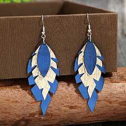 Cornflower Blue Zinc Alloy & Imitation Leather Dangle Earrings, Leaf, Cornflower Blue, 90x30mm