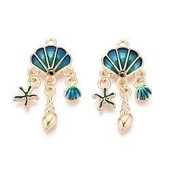 Настоящее золото 18K Латунь эмаль подвески, ракушка с подвеской в виде морской звезды, реальный 18 k позолоченный, 35x15.5x3 мм, отверстие : 2 мм