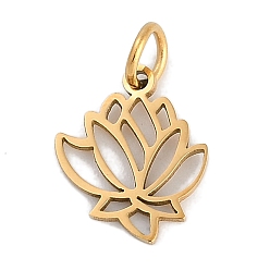 Настоящее золото 18K Ионное покрытие (ip) 304 брелоки из нержавеющей стали, с целью перехода в кольце, лазерная резка, очарование лотоса, реальный 18 k позолоченный, 13x11x1 мм, отверстие : 3 мм
