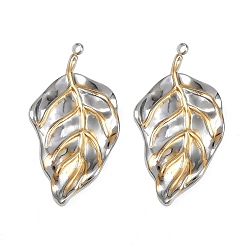 Позолоченный и Цвет Нержавейки 304 подвески из нержавеющей стали, ионное покрытие (ip), лист прелести, настоящее золото и нержавеющая сталь, 33x17x3 мм, отверстие : 1.5 мм