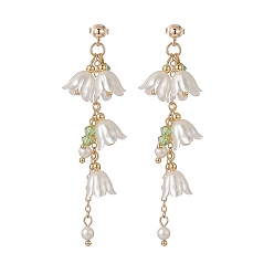 Golden ABS Plastic Flower with Shell Pearl Beaded Dangle Stud Earrings, 304 Stainless Steel Long Tassel Drop Earrings for Women, Golden, 73mm, Pin: 0.7mm