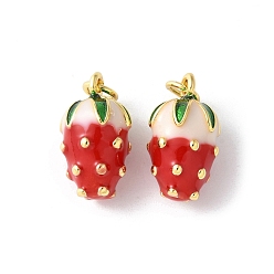 Клубника Латунь эмаль подвески, с целью перехода в кольце, долговечный, без кадмия и без свинца, стойки покрытие, реальный 18 k позолоченный, фруктовое очарование, клубника, 17x9.5 мм, отверстие : 3.5 мм