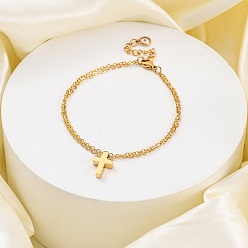 Настоящее золото 14K 304 из нержавеющей стали шарм браслеты, двойные цепочки-кабели ювелирные изделия для женщин, крестик, реальный 14 k позолоченный, 12-5/8 дюйм (32 см)