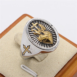 Золотой & Цвет Нержавеющей Стали 304 палец кольца из нержавеющей стали, овал со священным сердцем и крестом, золотые и нержавеющая сталь цвет, размер США 9 (18.9 мм)