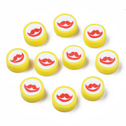 Yellow Handmade Polymer Clay Beads, Flat Round with Mouth, Yellow, 9.5~10x4~4.5mm, Hole: 1.6mm