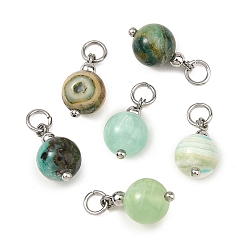 Couleur Acier Inoxydable Pendentifs en jaspe vert naturel, breloques rondes avec 304 anneaux de jonction en acier inoxydable, couleur inox, 15x8.5mm, Trou: 3.5mm