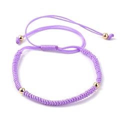 Lilac Adjustable Nylon Cord Braided Beaded Bracelets, with Round Brass Beads, Golden, Lilac, Inner Diameter: 4.2~9.5cm(1-5/8~3-3/4 inch)