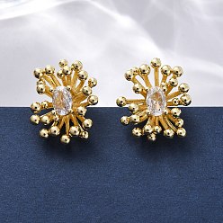 Настоящее золото 18K Серьги-гвоздики из латуни с прозрачным кубическим цирконием в виде цветка, без свинца и без кадмия, долговечный, стойки покрытие, реальный 18 k позолоченный, 19x14 мм