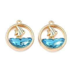 Небесно-голубой Сплав стекла подвески, плоская круглая форма с подвесками в виде парусников, стойки покрытие, без кадмия, без никеля и без свинца, золотые, голубой, 18x15.5~16x4~4.5 мм, отверстие : 1.2~1.4 мм