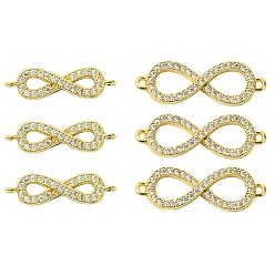 Настоящее золото 18K 6 шт. 2 стили звенья бесконечности из латуни с микропаве из прозрачного кубического циркония класса ААА, без свинца, без никеля и без кадмия, реальный 18 k позолоченный, 6~8x20~24x2~2.5 мм, отверстие : 1 мм, 3 шт / стиль