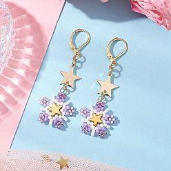 Лиловый Латунные стеклянные бусины цветы серьги-гвоздики, золотые, сирень, 58x20 мм