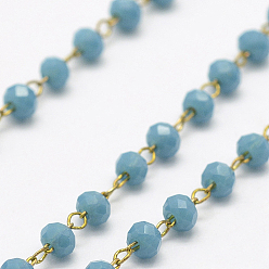 Светло-Голубой Ручной цепи стекло бисером, пайки, с катушкой, с необработанной (без покрытия) латунной фурнитурой, без никеля , граненые, рондель, Небесно-голубой, 2.5~3 мм, около 32.8 футов (10 м) / рулон
