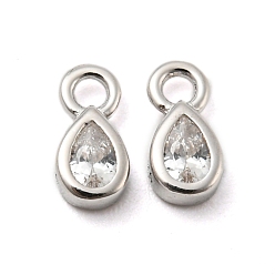 Teardrop Real Platinum Plated Rhodium Plated 925 Sterling Silver Charms, with Clear Cubic Zirconia, with S925 Stamp, Teardrop, 6.3x3x2mm, Hole: 1.2mm
