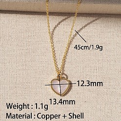 Сердце Кулон из натуральной раковины, латунная цепочка., регулируемые слайдерные ожерелья для женщин, золотые, цвет морской раковины, сердце, 17.72 дюйм (45 см), Кулон : 12.3x13.4 мм