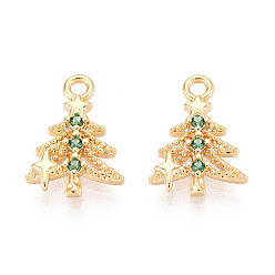Зеленый Латунные микро проложить кубического циркония прелести, рождественская елка, долговечный, без никеля , реальный 18 k позолоченный, зелёные, 13x9.5x2.5 мм, отверстие : 1.4 мм