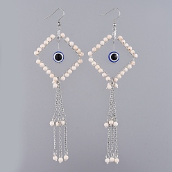 White Dangle Earrings, with Synthetic Turquoise Beads, Alloy Spacer Beads, Evil Eye Resin Beads, Stainless Steel Rhombus Pendants & Cable Chains & Earring Hooks, White, 143.2mm, Pendant: 124.5x46x6.3mm