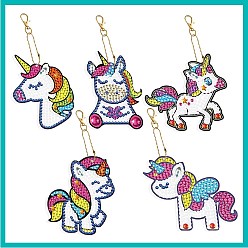 Licorne Bricolage bricolage 5 kit de porte-clés de peinture au diamant pcs, y compris le panneau acrylique, fermoir porte-clés, chaîne de perles, sac de strass en résine, stylo collant diamant, plaque de plateau et pâte à modeler, motif de licorne