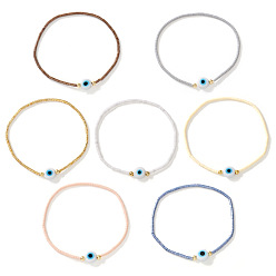 Mixed Color 7Pcs 7 Colors Glass Seed Beads Stretch Bracelets, Lampwork Evil Eye Jewelry for Women, Mixed Color, Inner Diameter: 6-7/8 inch(17.5cm)
