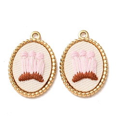 Misty Rose 304 Stainless Steel & Cloth Embroidered Pendants, Oval with MushroomCharms, Ion Plating(IP), Long-Lasting Plated, Real 18K Gold Plated, Misty Rose, 26x18x3mm, Hole: 2mm