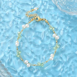 Светло-зеленый Браслеты из искусственного жемчуга и стеклянных бусин для женщин, с 304 фурнитурой из нержавеющей стали, золотые, светло-зеленый, 6-7/8 дюйм (17.6 см)