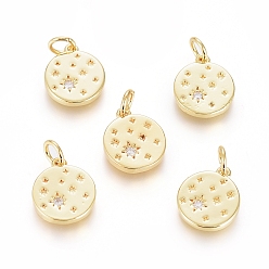 Real 18K Gold Plated Brass Micro Pave Cubic Zirconia Pendants, with Jump Ring Long-Lasting Plated, Flat Round with Star, Clear, Real 18K Gold Plated, 12.5x11x1.5mm, Hole: 3.5mm