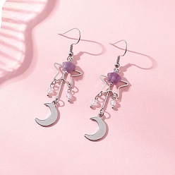 Аметист Серьги-подвески из натурального лунного лепидолита и фиолетовой слюды, с 304 нержавеющей стали серьги крючки, платина, 60x16 мм