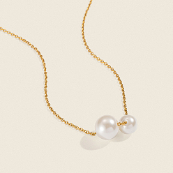 Настоящее золото 18K Подвеска с двойным круглым шариком из искусственного жемчуга 304 цепочка из нержавеющей стали для женщин, белые, реальный 18 k позолоченный, 15.35 дюйм (39 см)