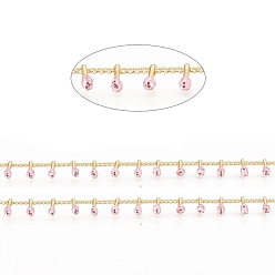Pink Brass Handmade Beaded Chain, Curb Chains, Cadmium Free & Lead Free, with Enamel, Long-Lasting Plated, Real 18K Gold Plated Unwelded, with Spool, Pink, 2x1.5x0.8mm, Charm: 6x2x2mm, about 32.8 Feet(10m)/roll