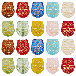 Mixed Color 40Pcs Owl Glass Beads, Golden Metal Enlaced, Mixed Color, 18x15x5.5~6.5mm, Hole: 1mm