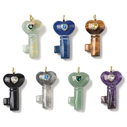 Смешанные камни Природные каменные смешанные подвески, Подвески в виде сердечек с ключиками, украшенные латунными фианитами., золотые, смешанные окрашенные и неокрашенные, 46.5~48x22~23.5x11.5~13.5 мм, отверстие : 4 мм