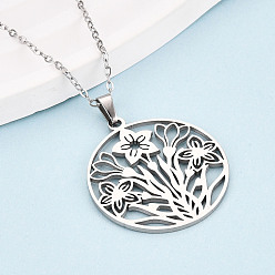 Нержавеющая Сталь Цвет 304 подвесные из нержавеющей стали ожерелья, полые плоские круглые с цветком, не тускнеет, цвет нержавеющей стали, 17.72~18.11 дюйм (45~46 см)
