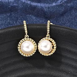 Золотой Круглые латунные серьги-гвоздики с микропаве из прозрачных кубических цирконий, с пластиковой имитационной жемчужиной, стойки покрытие, без кадмия и без свинца, золотые, 23x12 мм