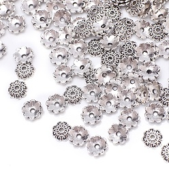Antique Silver Tibetan Style Alloy Bead Caps, Multi-Petal Flower, Antique Silver, 8.7x8.3mm