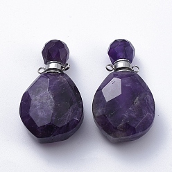 Amethyst Faceted Natural Amethyst Openable Perfume Bottle Pendants, with 304 Stainless Steel Findings, Stainless Steel Color, 38~39.5x22.5~23x11~13.5mm, Hole: 1.8mm, Bottle Capacity: 1ml(0.034 fl. oz)