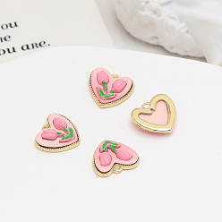 Pink Подвески из эмали и сплава, сердце с подвеской тюльпан, золотые, розовые, 13x14 мм
