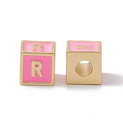 Letter R Стойки покрытие латунь эмаль бисер, без кадмия, без никеля и без свинца, реальный 18 k позолоченный, куб с письмом, розовый жемчуг, буква r, 6x6x6 мм, отверстие : 2.5 мм
