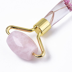 Golden Natural Rose Quartz Massage Tools, Facial Rollers, with K9 Glass & Dried Flower Handle & Zinc Alloy Findings, Golden, 145x57x20.5mm