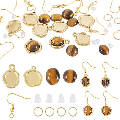 Золотой 46 шт. наборы для изготовления сережек своими руками, в том числе 304 подвеска из нержавеющей стали с кабошоном, Латунные крючки для сережек и кабошоны из натурального тигрового глаза, золотые, 15.5x14x3 мм, отверстие : 1 мм