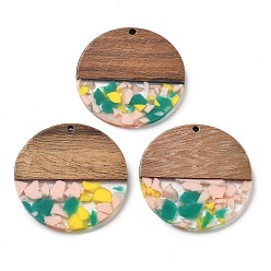 Зеленый Подвески из смолы и ореха, плоско-круглые, зелёные, 38x2.5 мм, отверстие : 2 мм