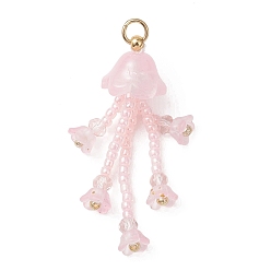 Pink Стеклянные подвески из бисера, подвески из бисера в виде медуз, со стеклом, розовые, 37~40x12 мм, Перейти кольцо: 5x0.7 мм, внутренний диаметр: 3 мм