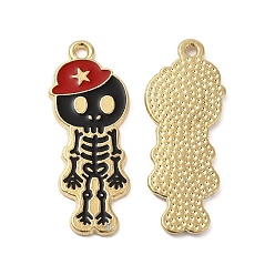 FireBrick Alloy Enamel Pendants, Skeleton with Hat Charm, Golden, FireBrick, 32.5x13x1.5mm, Hole: 1.6mm