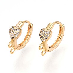 Настоящее золото 18K Латунный микропаве кубический цирконий кольцо серьги фурнитура, без свинца, без никеля и без кадмия, кольцо и сердце, реальный 18 k позолоченный, 14x14x5 мм, отверстие : 1.4 мм, штифты : 0.9 мм