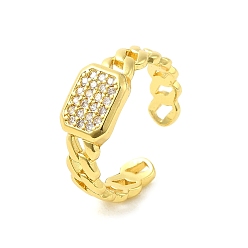 Real 18K Gold Plated Rectangle Brass Micro Pave Clear Cubic Zirconia Cuff Rings for Women, Real 18K Gold Plated, Adjustable
