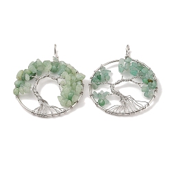 Зеленый Авантюрин Естественный зеленый авантюрин большие кулоны, с платиновой и латунной фурнитурой, долговечный, без свинца и без кадмия, плоские круглые с деревом, 62x49x6~13 мм, отверстие : 7x4 мм