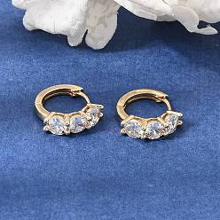Real 18K Gold Plated Brass Pave Cubic Zirconia Hoop Earrings, Round, Real 18K Gold Plated, 14x4.5x15.5mm