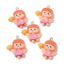 Ярко-Розовый Непрозрачные подвески смолы, с платиновыми тоновыми железными петлями, фея, ярко-розовый, 29x25.5x6.5 мм, отверстие : 2 мм